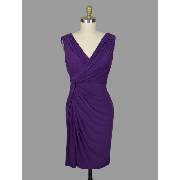 ADRIANNA PAPELL RUCHED V-NECK PURPLE SHEATH DRESS - Picture 1 of 7